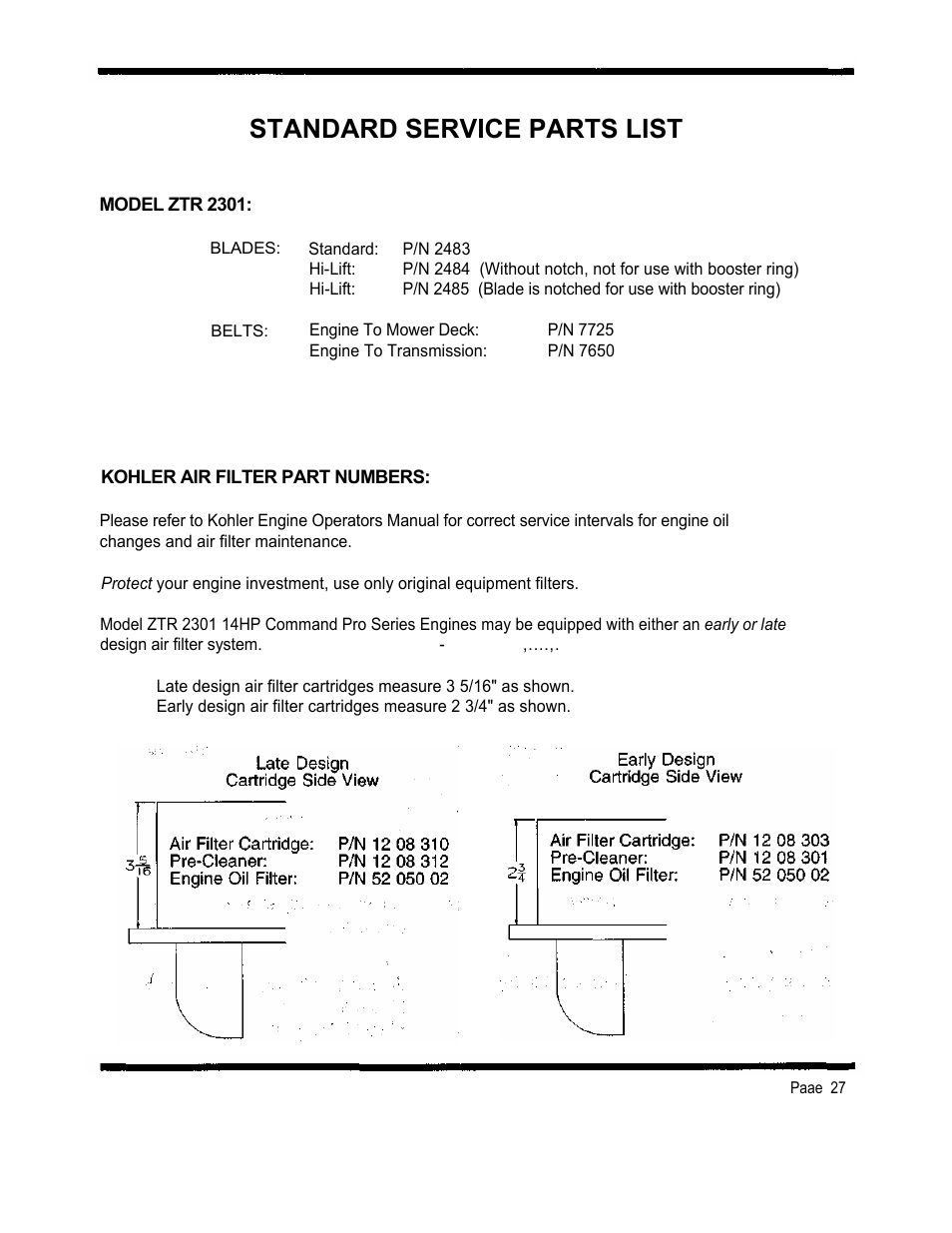 Standard service parts list | Dixon 2301 User Manual | Page 30 / 42