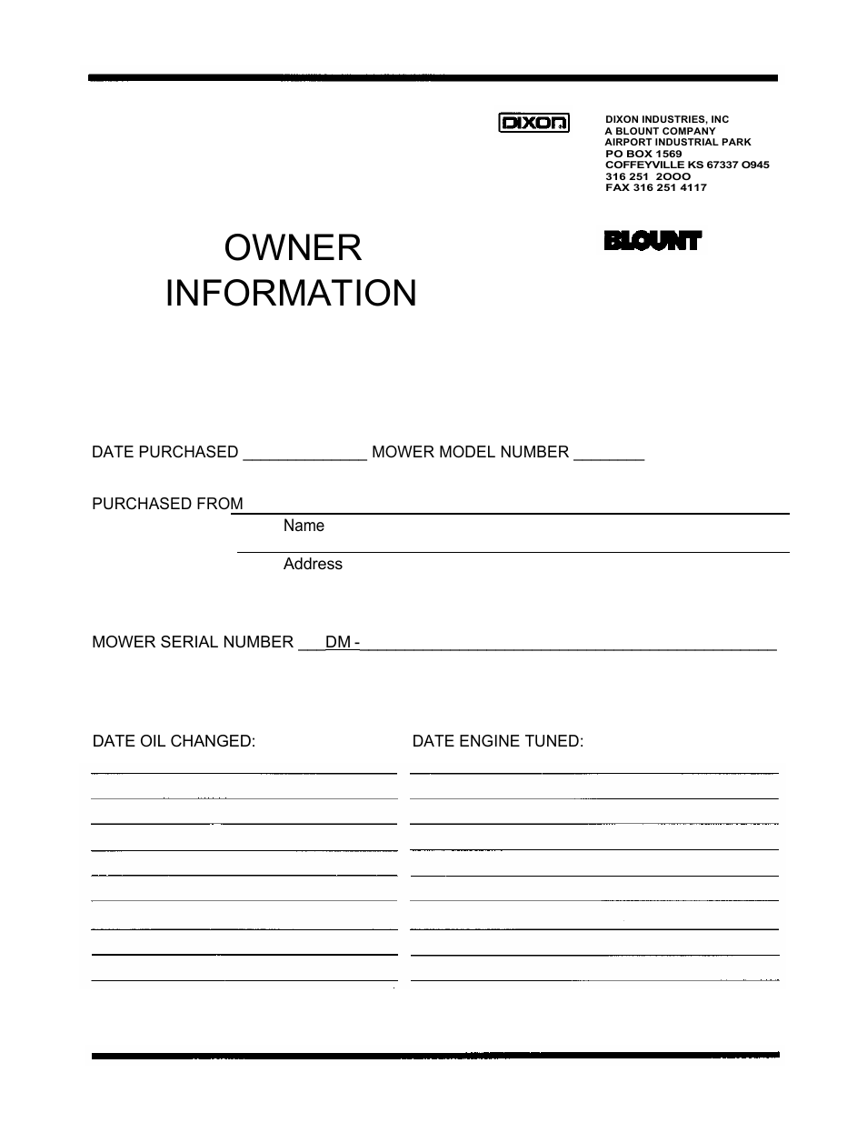 Owner information | Dixon 2301 User Manual | Page 39 / 42