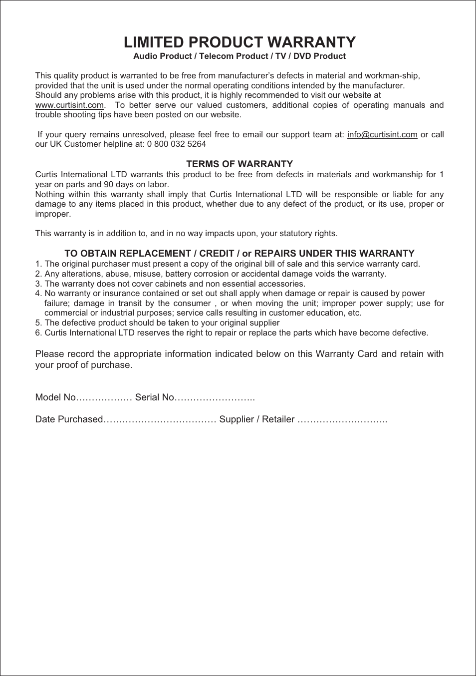 Limited product warranty | Curtis KCR2622UK User Manual | Page 17 / 17