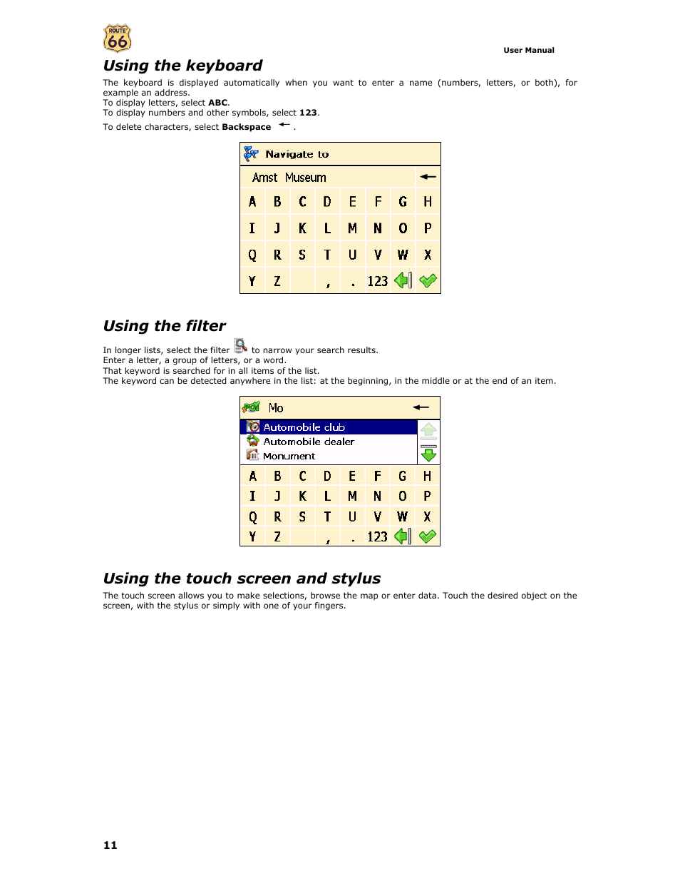 Using the keyboard, Using the filter, Using the touch screen and stylus | Curtis GPD359 User Manual | Page 11 / 71
