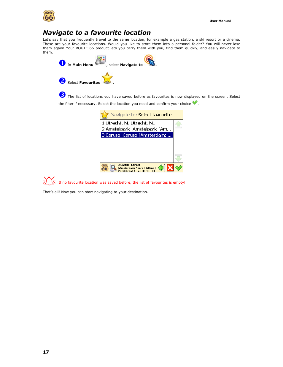 Navigate to a favourite location | Curtis GPD359 User Manual | Page 17 / 71
