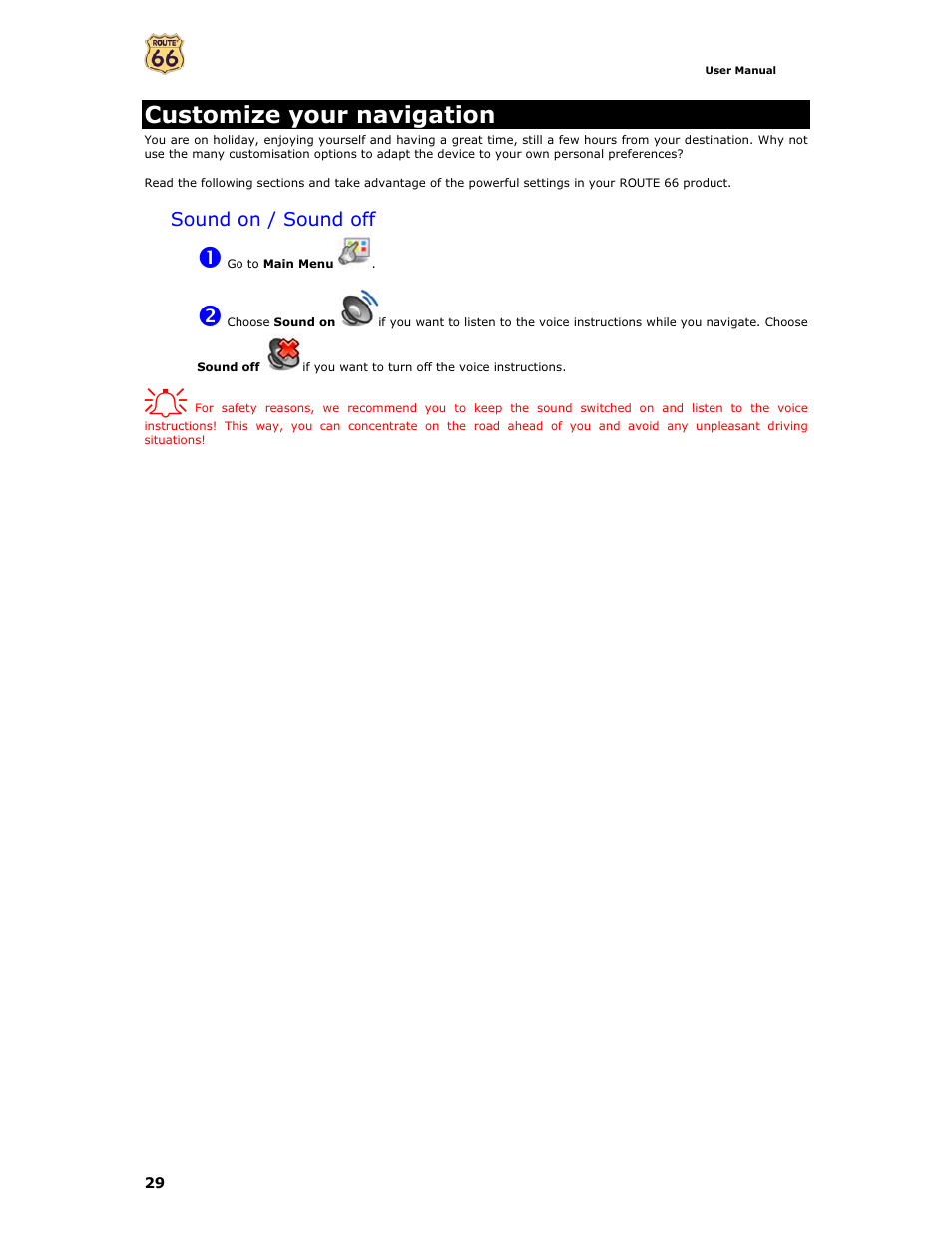 Customize your navigation, Sound on / sound off | Curtis GPD359 User Manual | Page 29 / 71