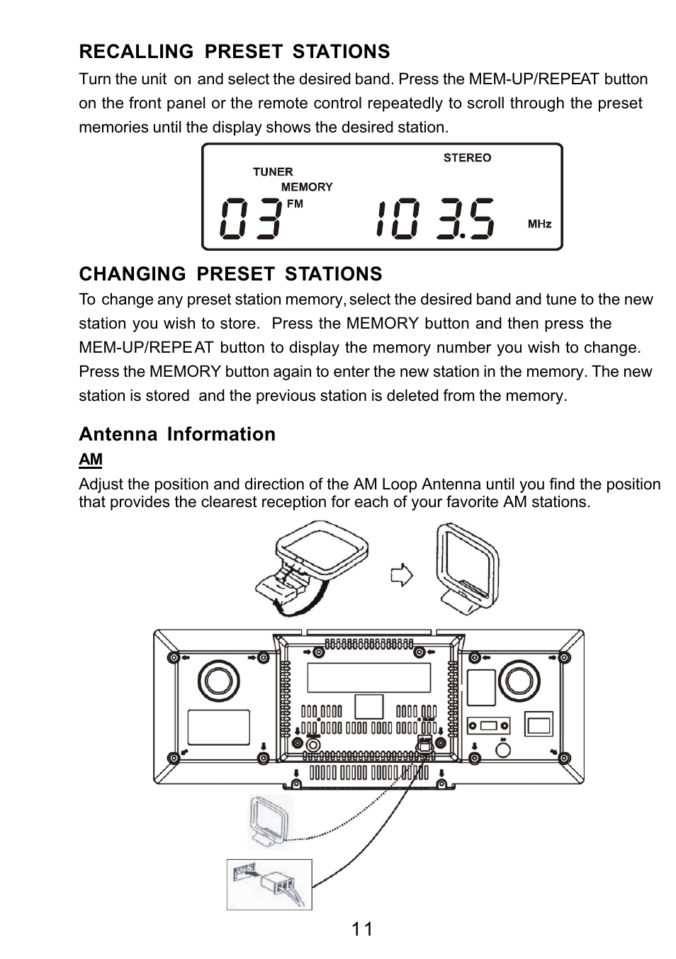 Ò³ãæ 12, 1 1 recalling preset stations, Changing preset stations | Antenna information | Curtis RCD3830 User Manual | Page 12 / 23