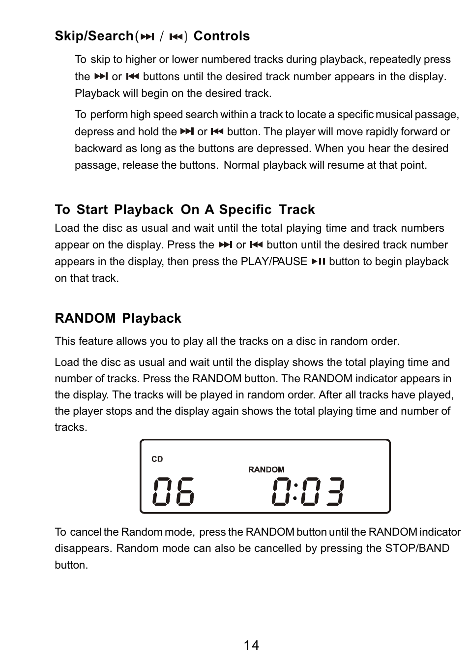 Ò³ãæ 15, 1 4 skip/search ( / ) controls, Random playback | Curtis RCD3830 User Manual | Page 15 / 23