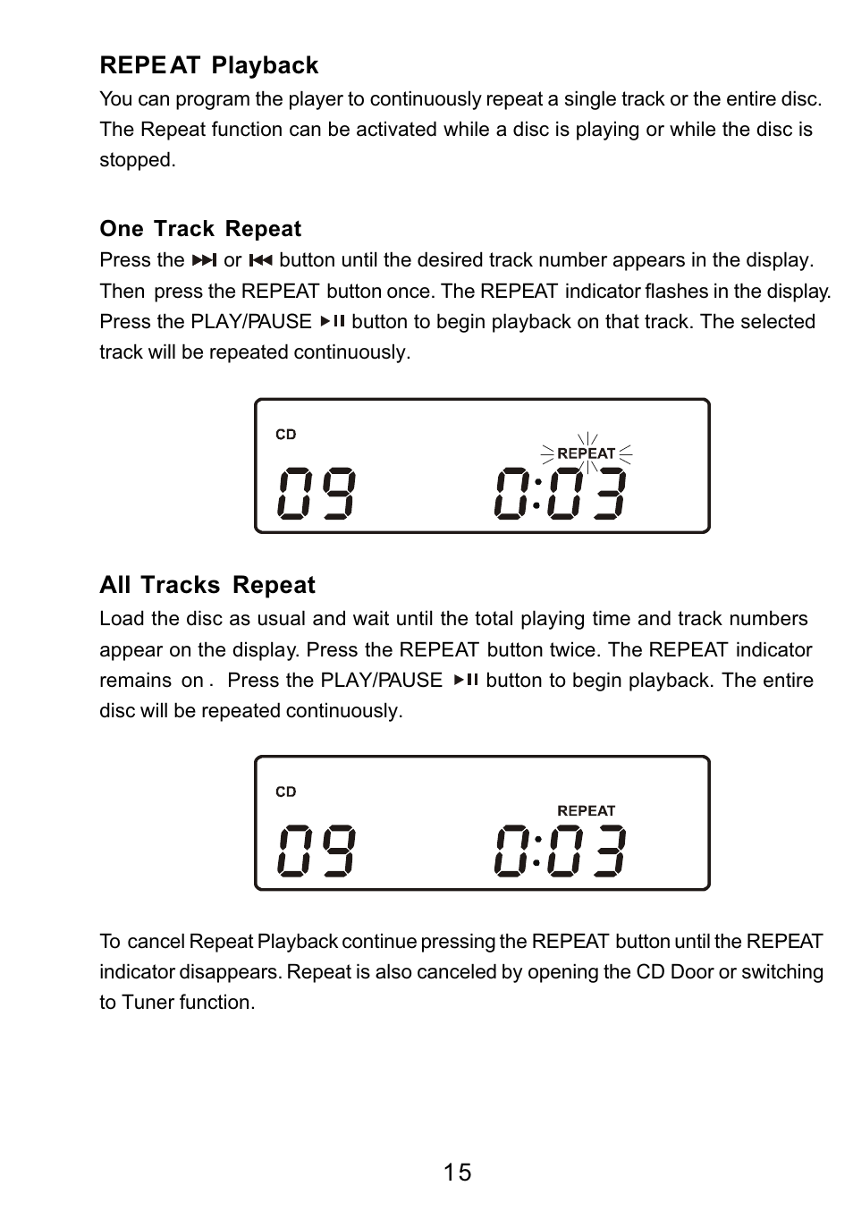 Ò³ãæ 16, 1 5 repe at playback, All tracks repeat | Curtis RCD3830 User Manual | Page 16 / 23