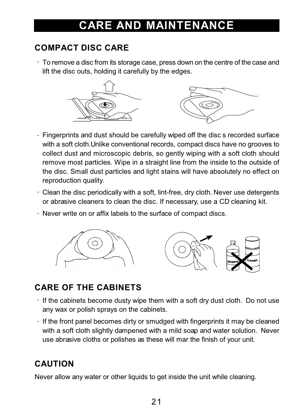 Ò³ãæ 22, Care and maintenance, 2 1 compact disc care | Care of the cabinets, Caution | Curtis RCD3830 User Manual | Page 22 / 23