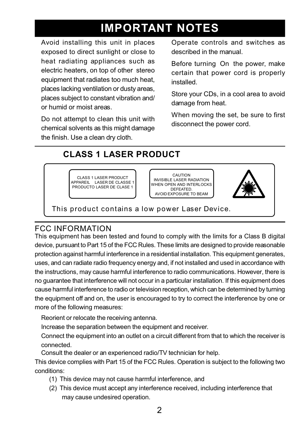 Ò³ãæ 3, Class 1 laser product, Fcc information | Curtis RCD3830 User Manual | Page 3 / 23