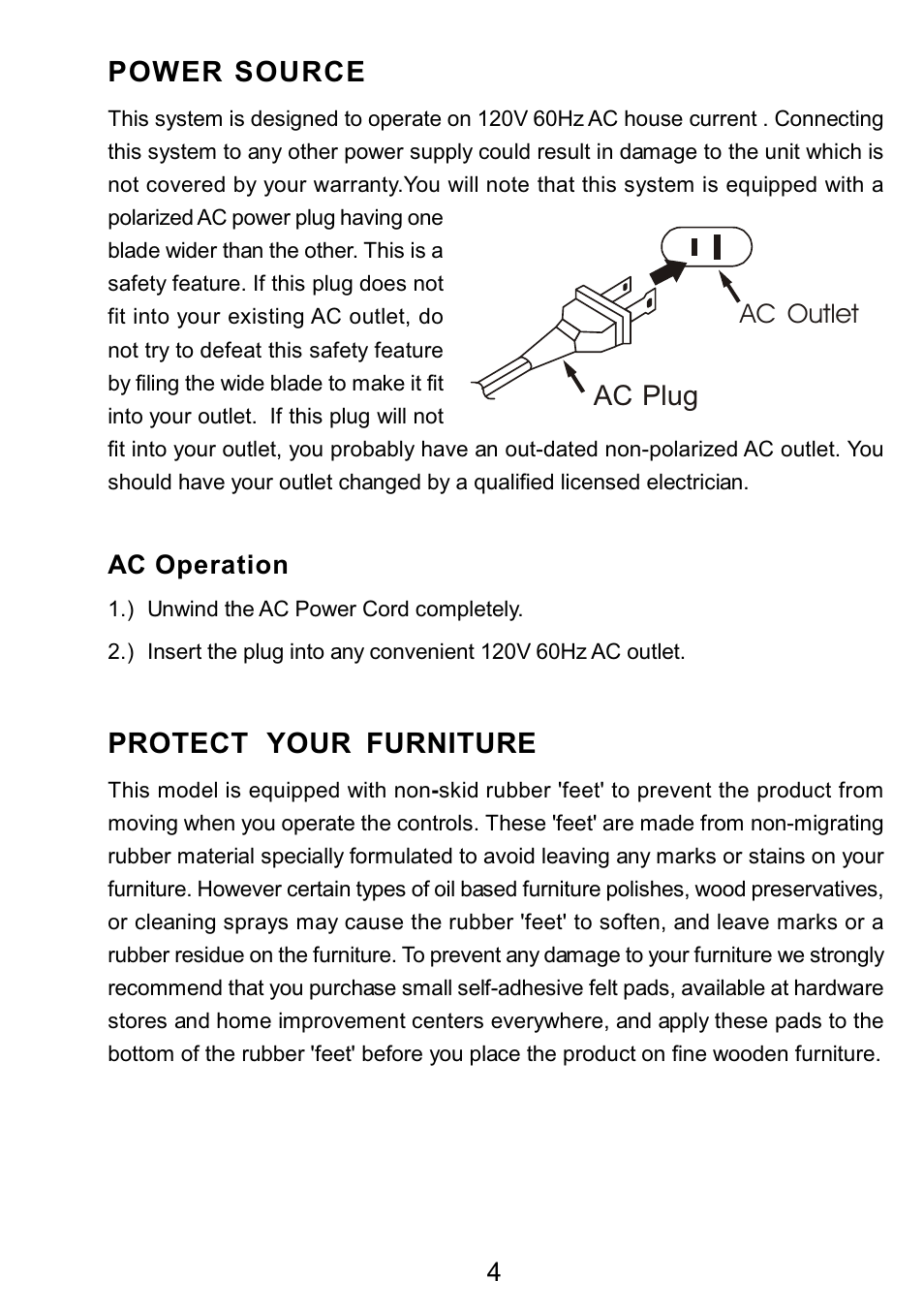 Ò³ãæ 5, Power source, Protect your furniture | Curtis RCD3830 User Manual | Page 5 / 23