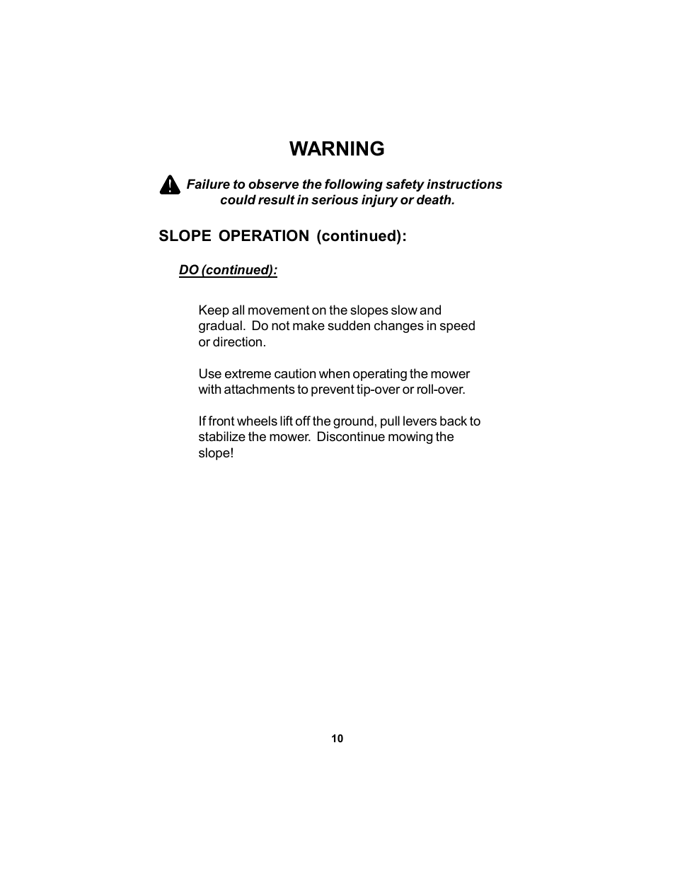 Warning | Dixon Speedztr 36 User Manual | Page 10 / 52