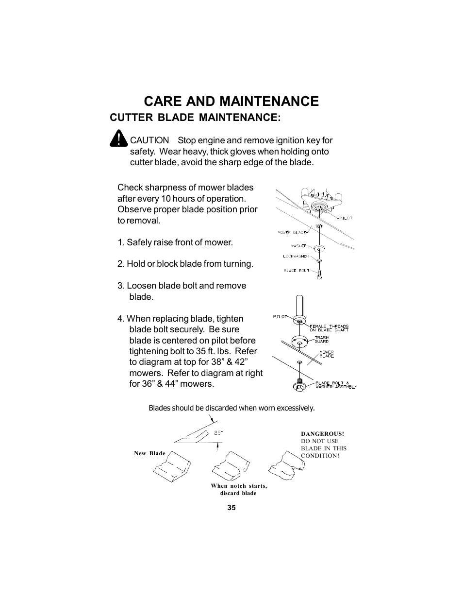 Care and maintenance, Cutter blade maintenance | Dixon Speedztr 36 User Manual | Page 35 / 52