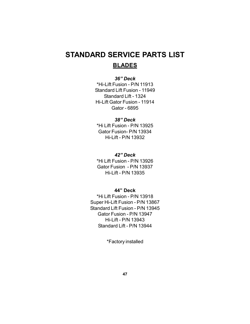 Standard service parts list | Dixon Speedztr 36 User Manual | Page 47 / 52