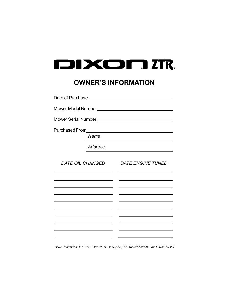 Owner’s information | Dixon Speedztr 36 User Manual | Page 51 / 52