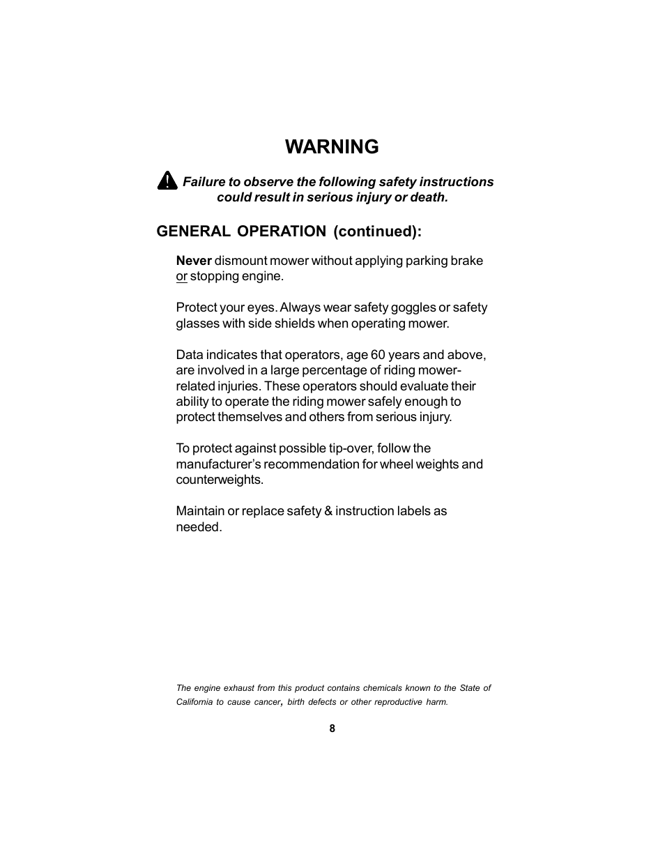 Warning | Dixon Speedztr 36 User Manual | Page 8 / 52