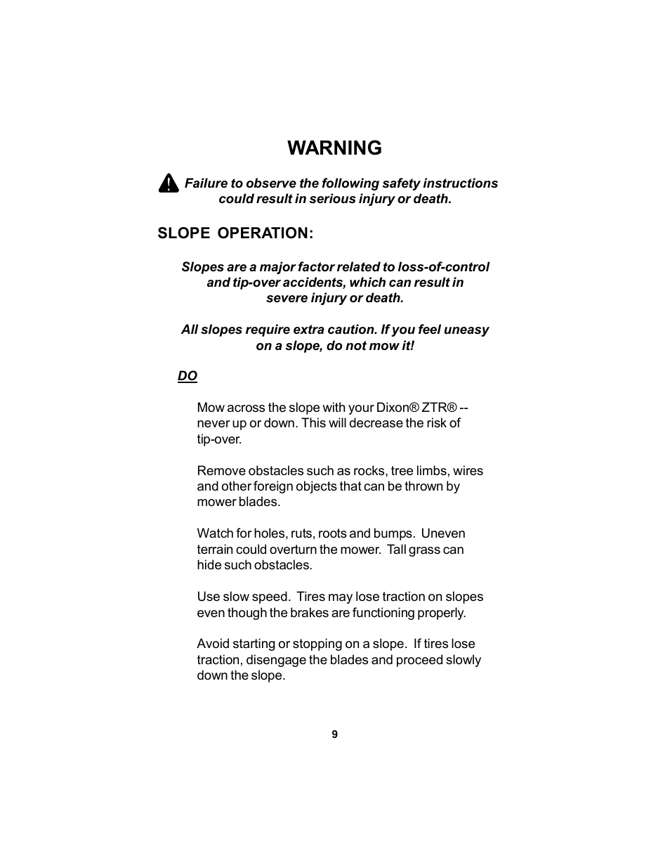 Warning | Dixon Speedztr 36 User Manual | Page 9 / 52