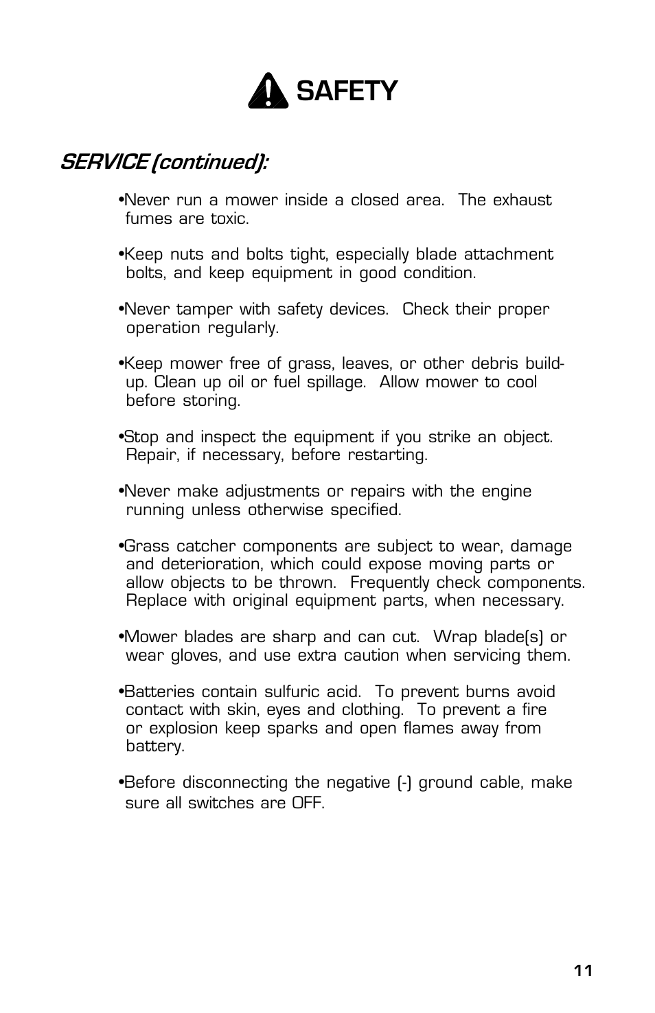 Safety, Service (continued) | Dixon 13631-0702 User Manual | Page 11 / 44
