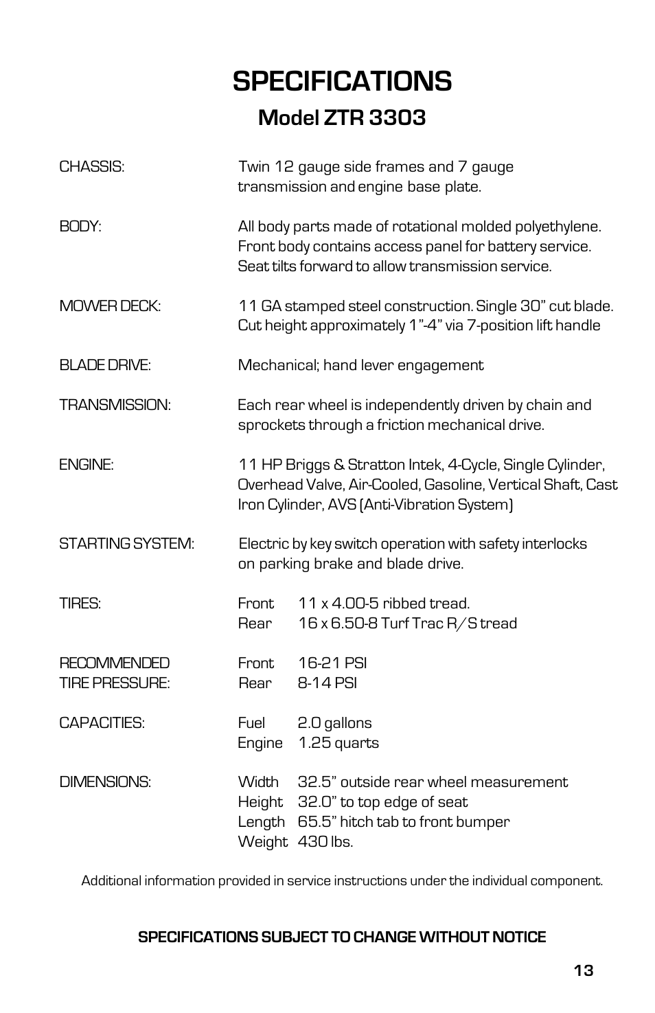 Specifications, Model ztr 3303 | Dixon 13631-0702 User Manual | Page 13 / 44