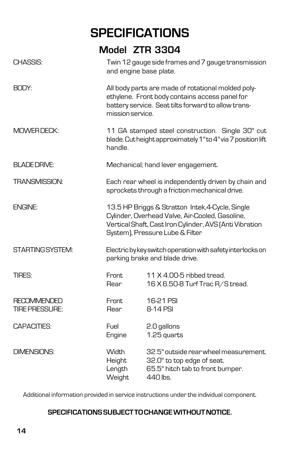 Specifications, Model ztr 3304 | Dixon 13631-0702 User Manual | Page 14 / 44