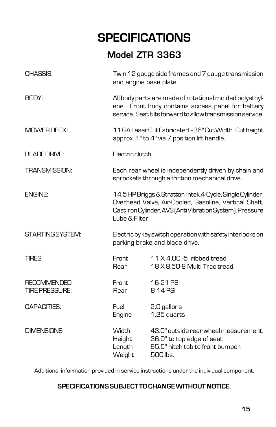 Specifications, Model ztr 3363 | Dixon 13631-0702 User Manual | Page 15 / 44