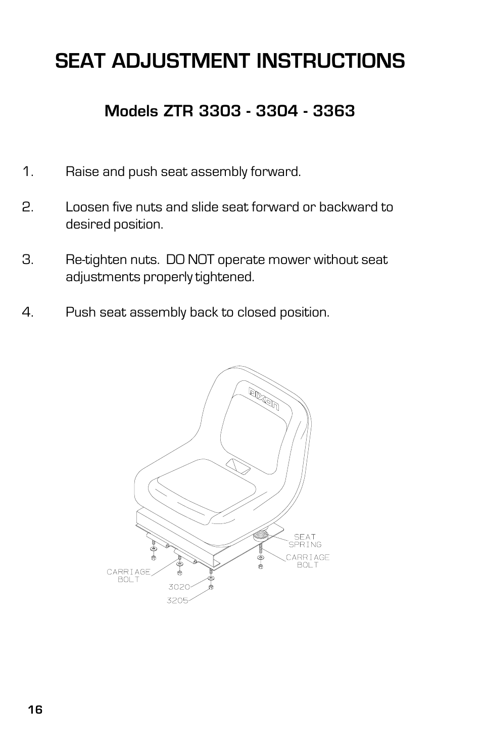Seat adjustment instructions | Dixon 13631-0702 User Manual | Page 16 / 44