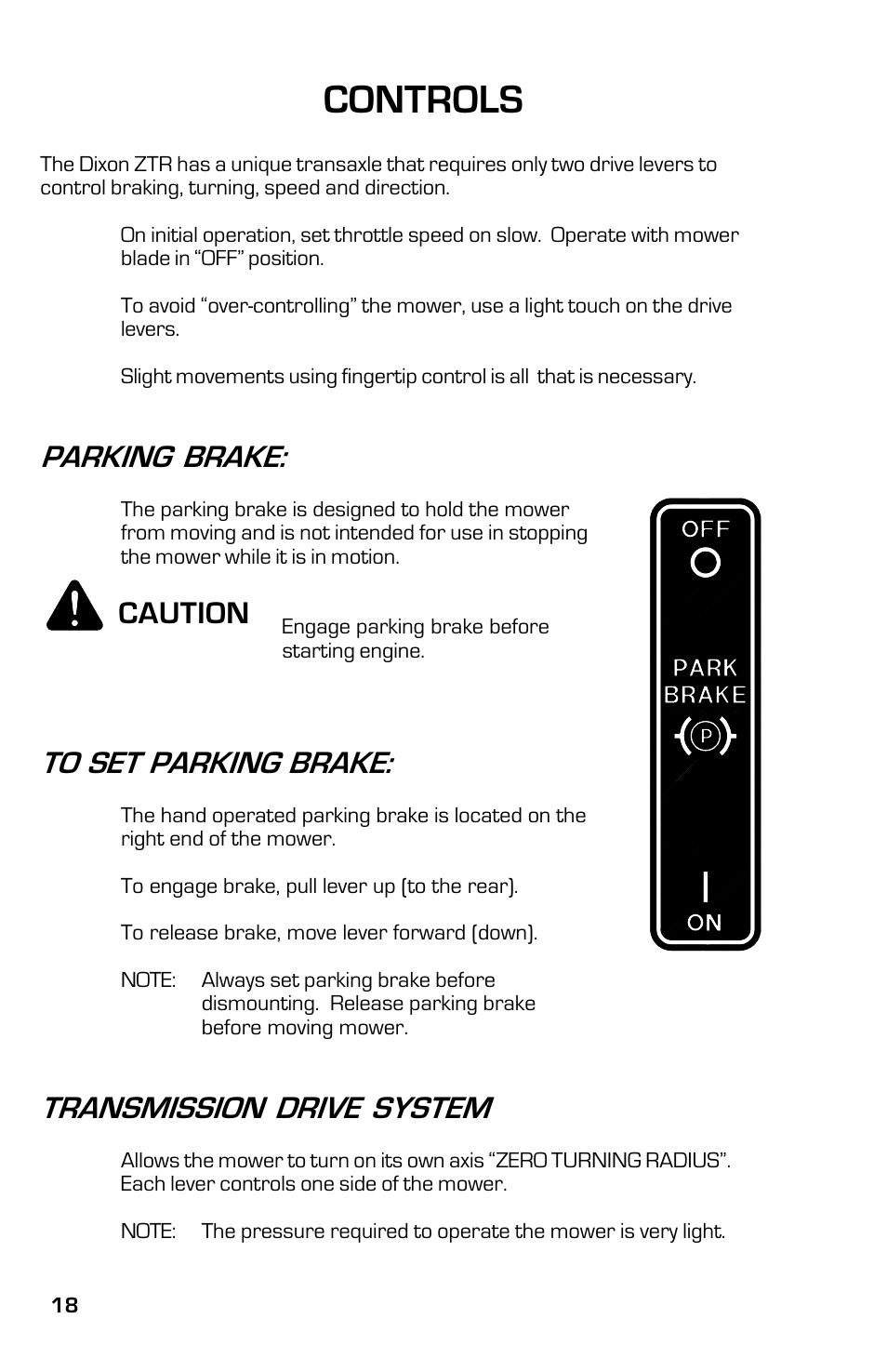 Controls, Parking brake, Transmission drive system | Caution | Dixon 13631-0702 User Manual | Page 18 / 44