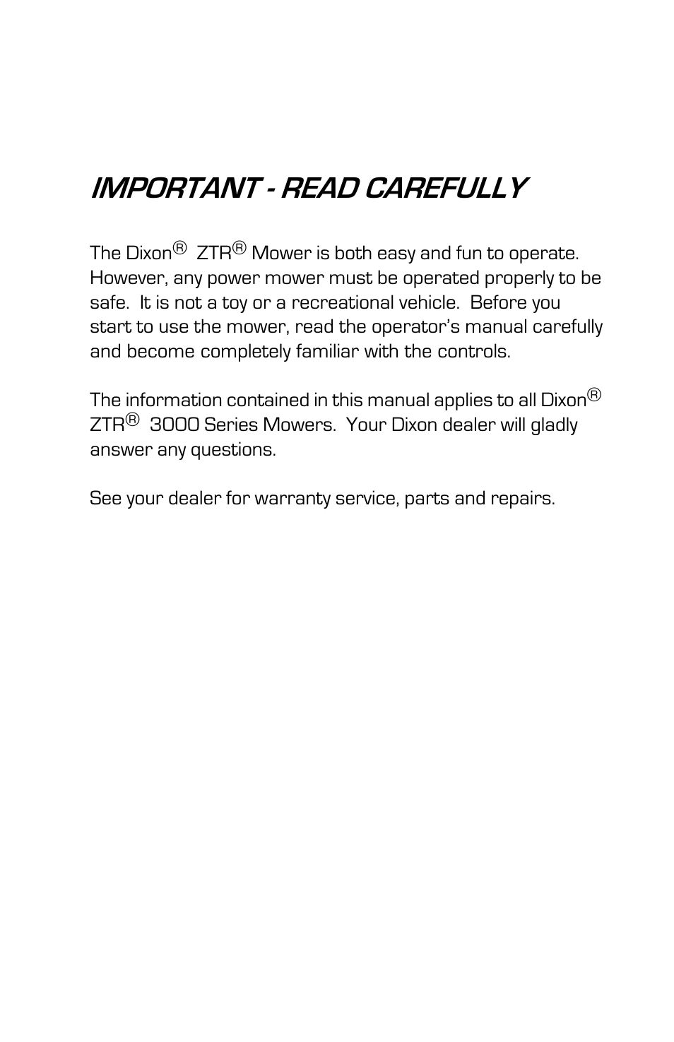 Important - read carefully | Dixon 13631-0702 User Manual | Page 2 / 44