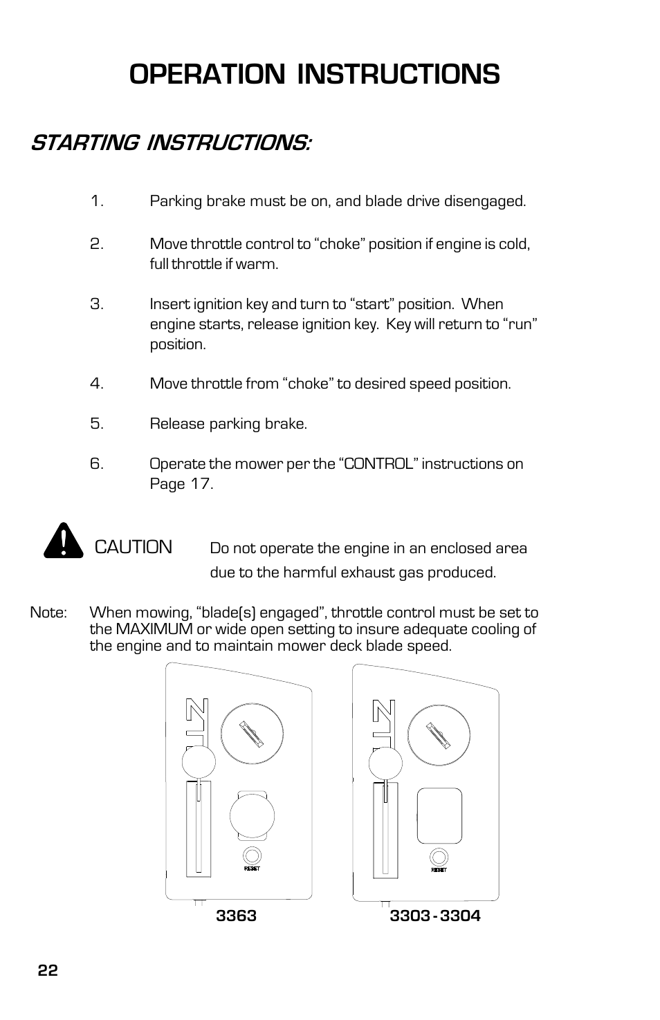 Operation instructions, Starting instructions | Dixon 13631-0702 User Manual | Page 22 / 44
