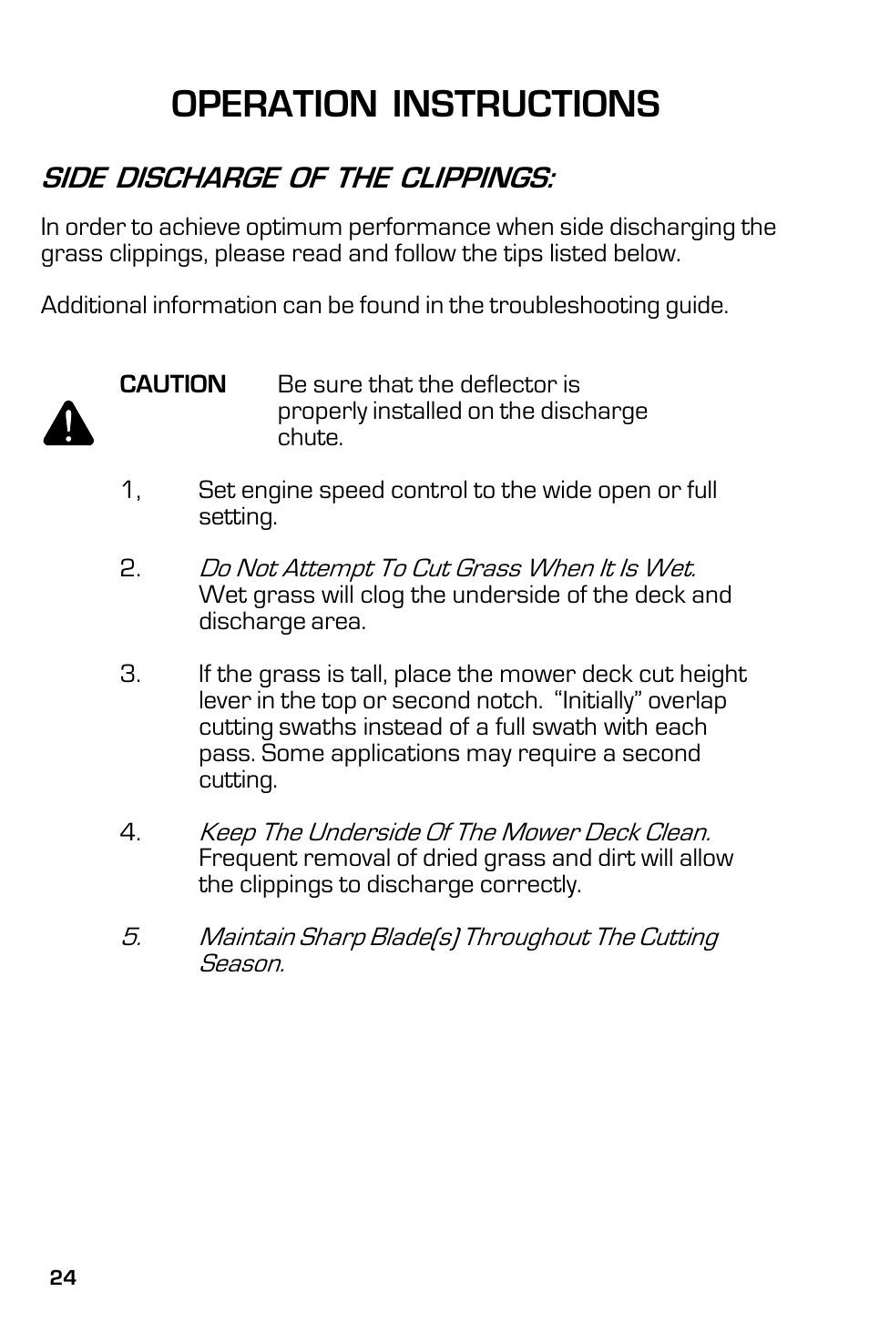 Operation instructions, Side discharge of the clippings | Dixon 13631-0702 User Manual | Page 24 / 44