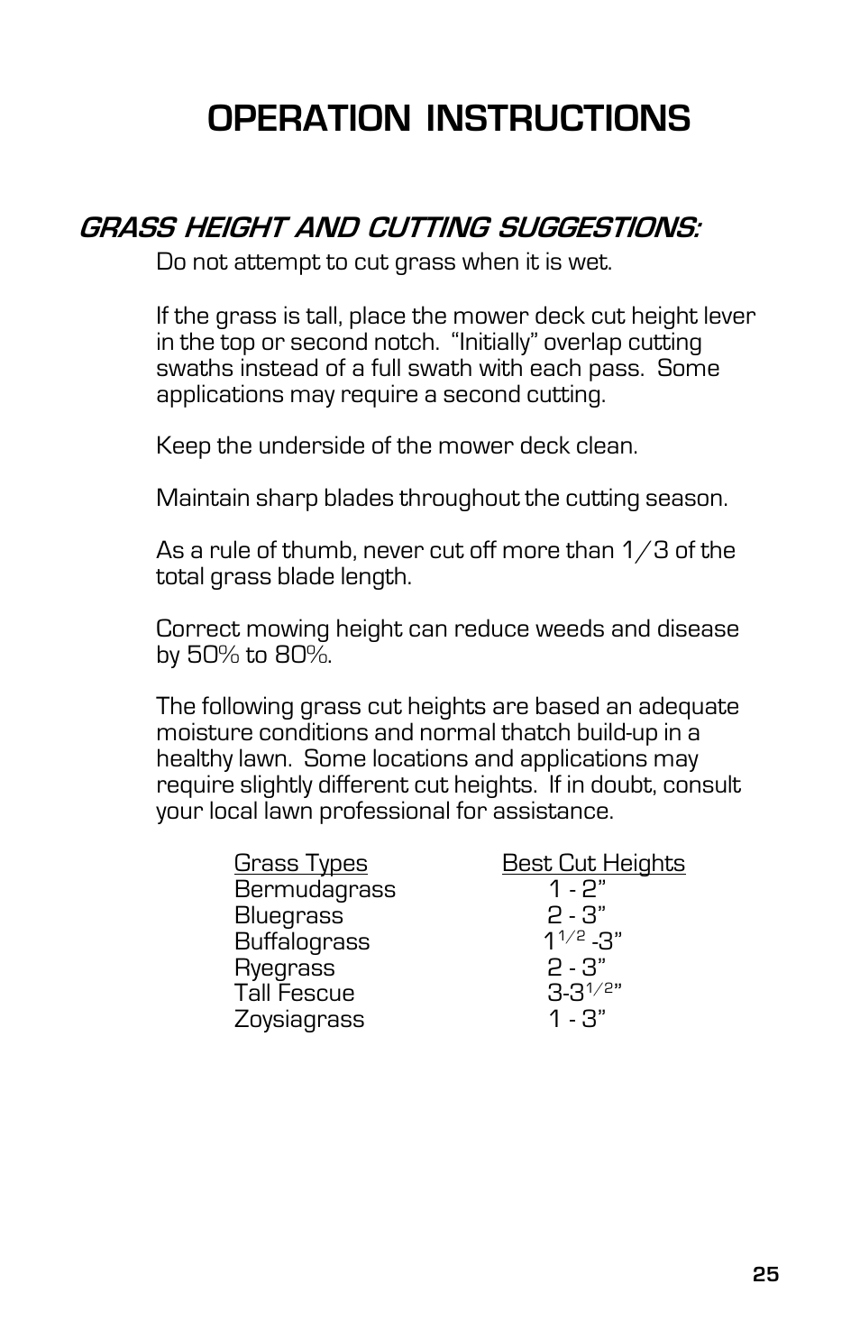 Operation instructions, Grass height and cutting suggestions | Dixon 13631-0702 User Manual | Page 25 / 44