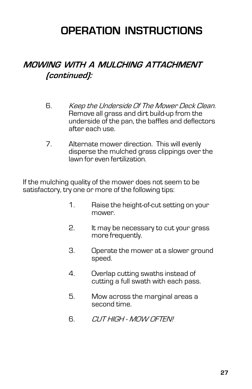 Operation instructions, Mowing with a mulching attachment (continued) | Dixon 13631-0702 User Manual | Page 27 / 44