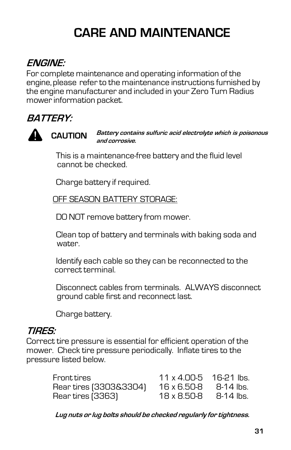 Care and maintenance, Engine, Battery | Tires | Dixon 13631-0702 User Manual | Page 31 / 44