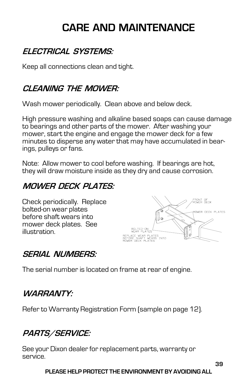 Care and maintenance, Electrical systems, Cleaning the mower | Mower deck plates, Serial numbers, Warranty, Parts/service | Dixon 13631-0702 User Manual | Page 39 / 44