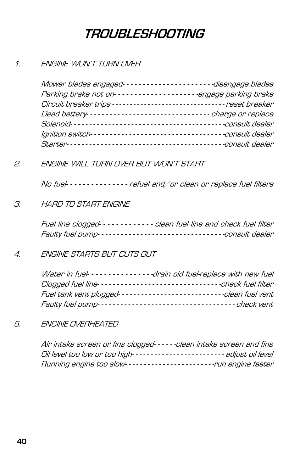 Troubleshooting | Dixon 13631-0702 User Manual | Page 40 / 44
