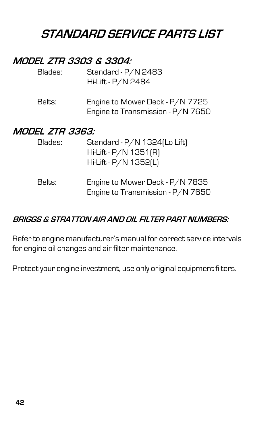 Standard service parts list, Model ztr 3363 | Dixon 13631-0702 User Manual | Page 42 / 44