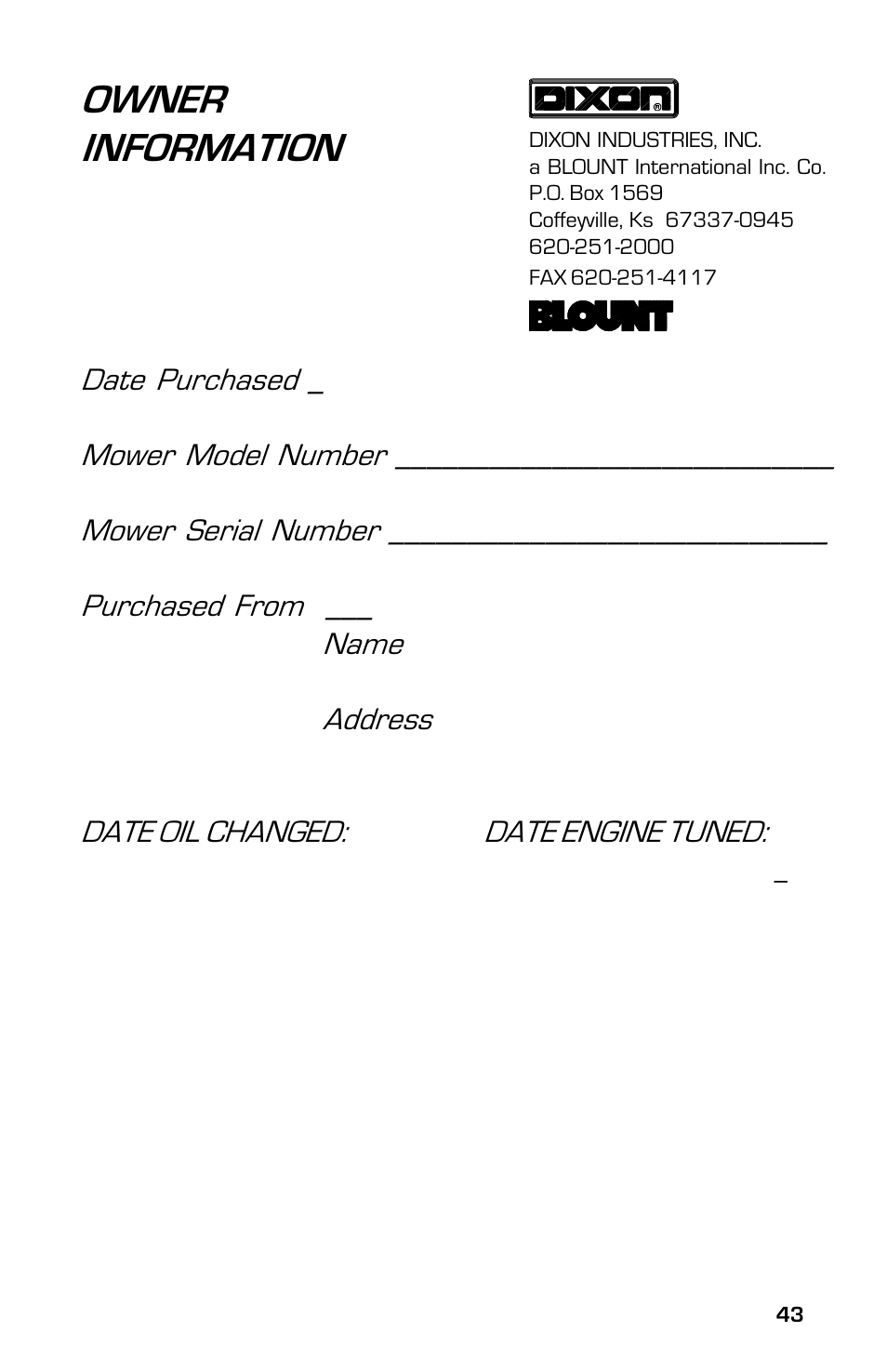 Owner information | Dixon 13631-0702 User Manual | Page 43 / 44