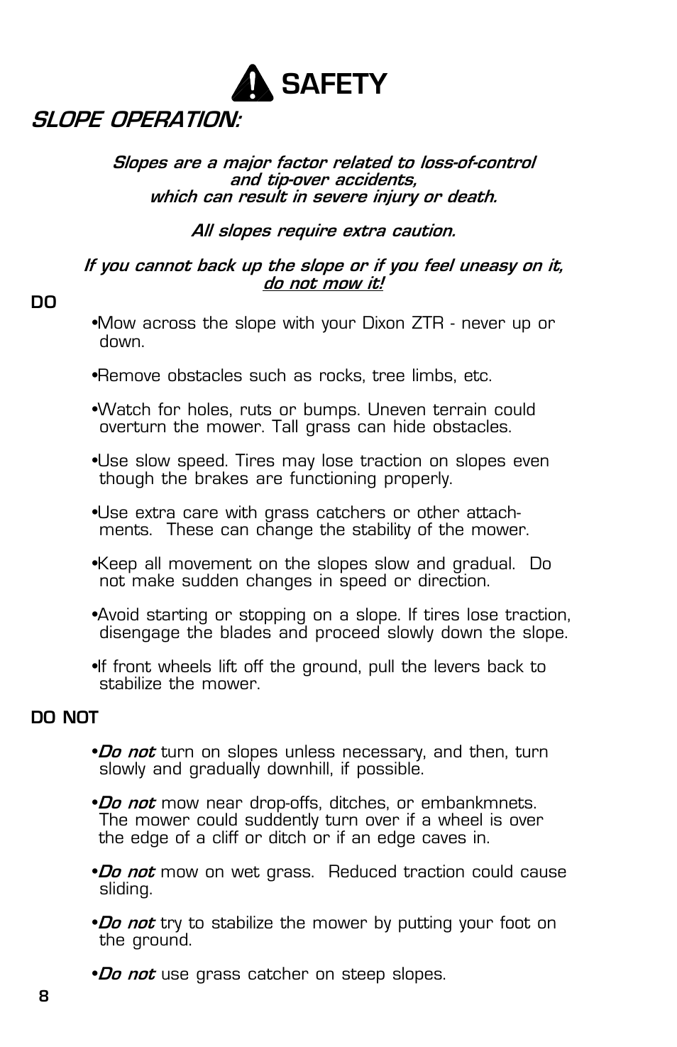 Safety, Slope operation | Dixon 13631-0702 User Manual | Page 8 / 44