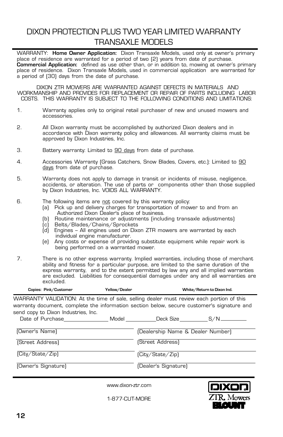 Dixon ZTRCLASSIC User Manual | Page 12 / 44