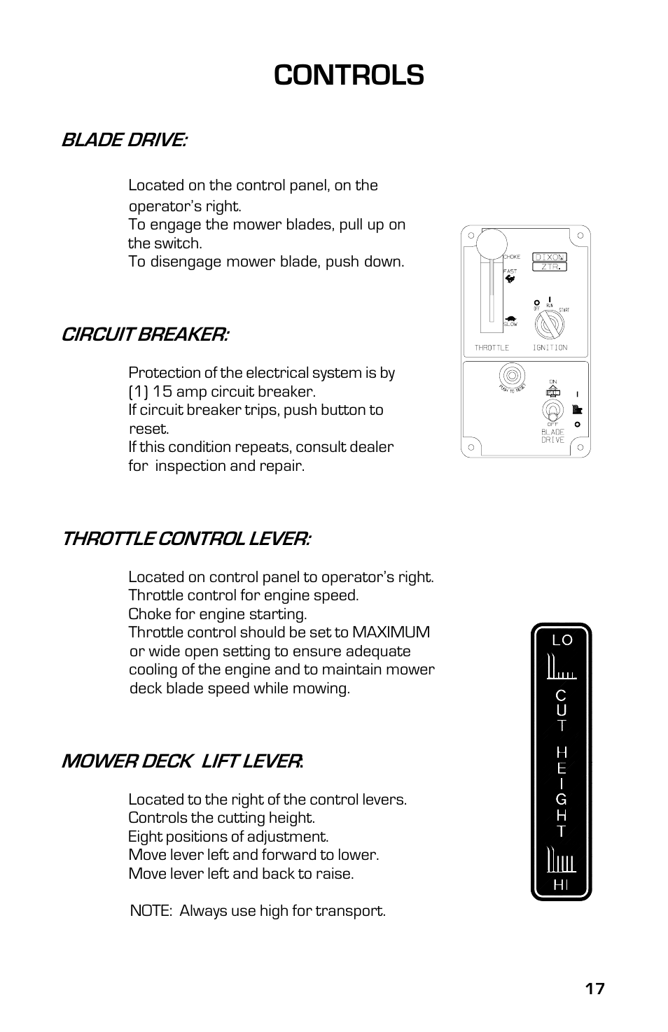 Controls | Dixon ZTRCLASSIC User Manual | Page 17 / 44