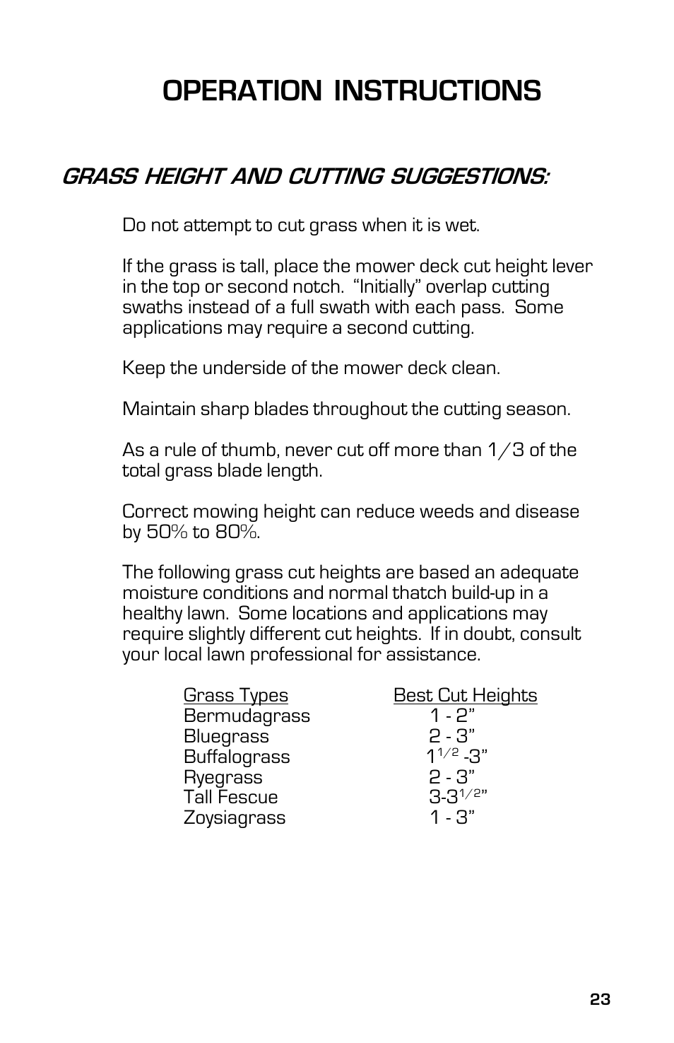 Operation instructions, Grass height and cutting suggestions | Dixon ZTRCLASSIC User Manual | Page 23 / 44
