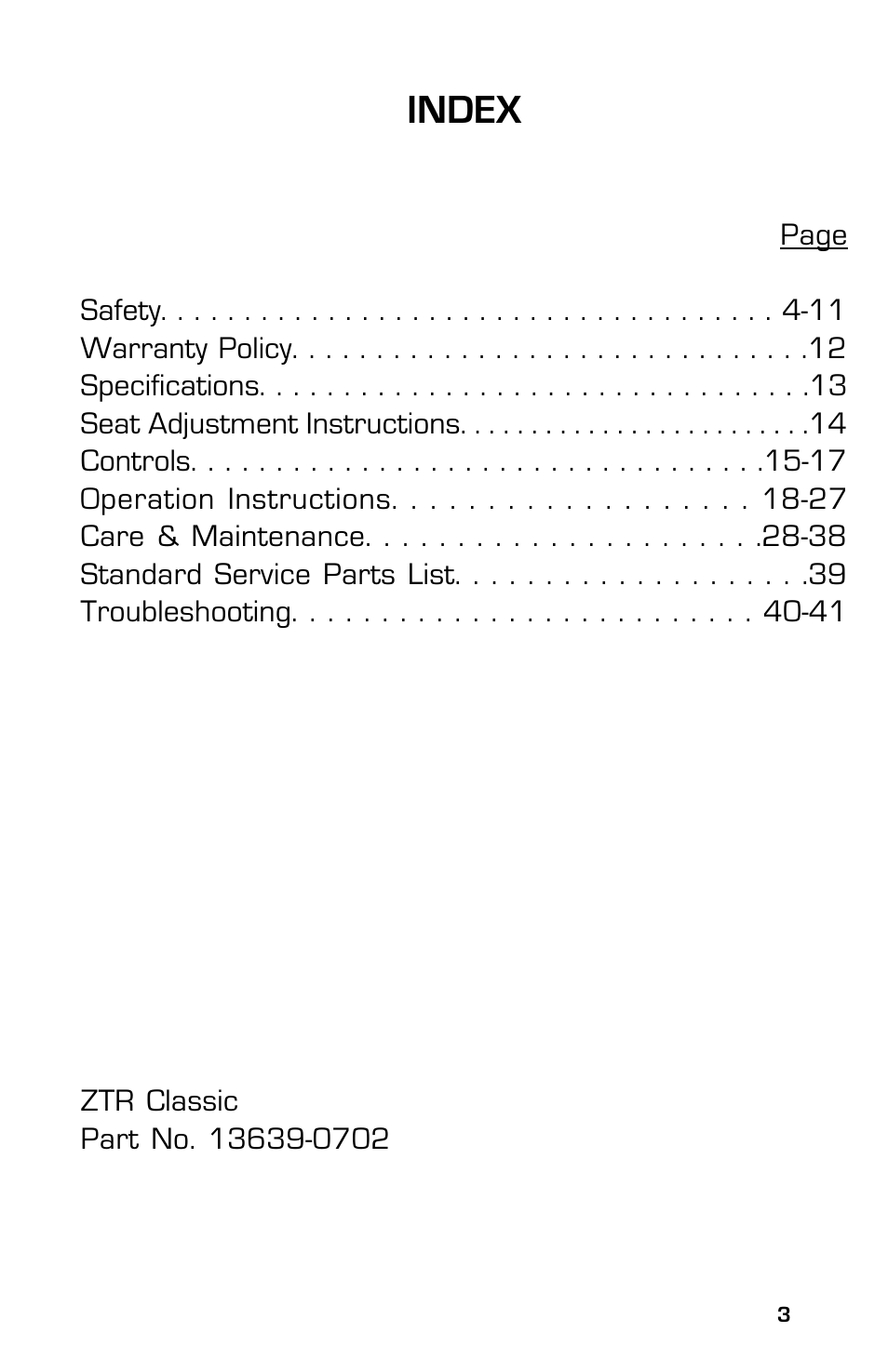 Index | Dixon ZTRCLASSIC User Manual | Page 3 / 44