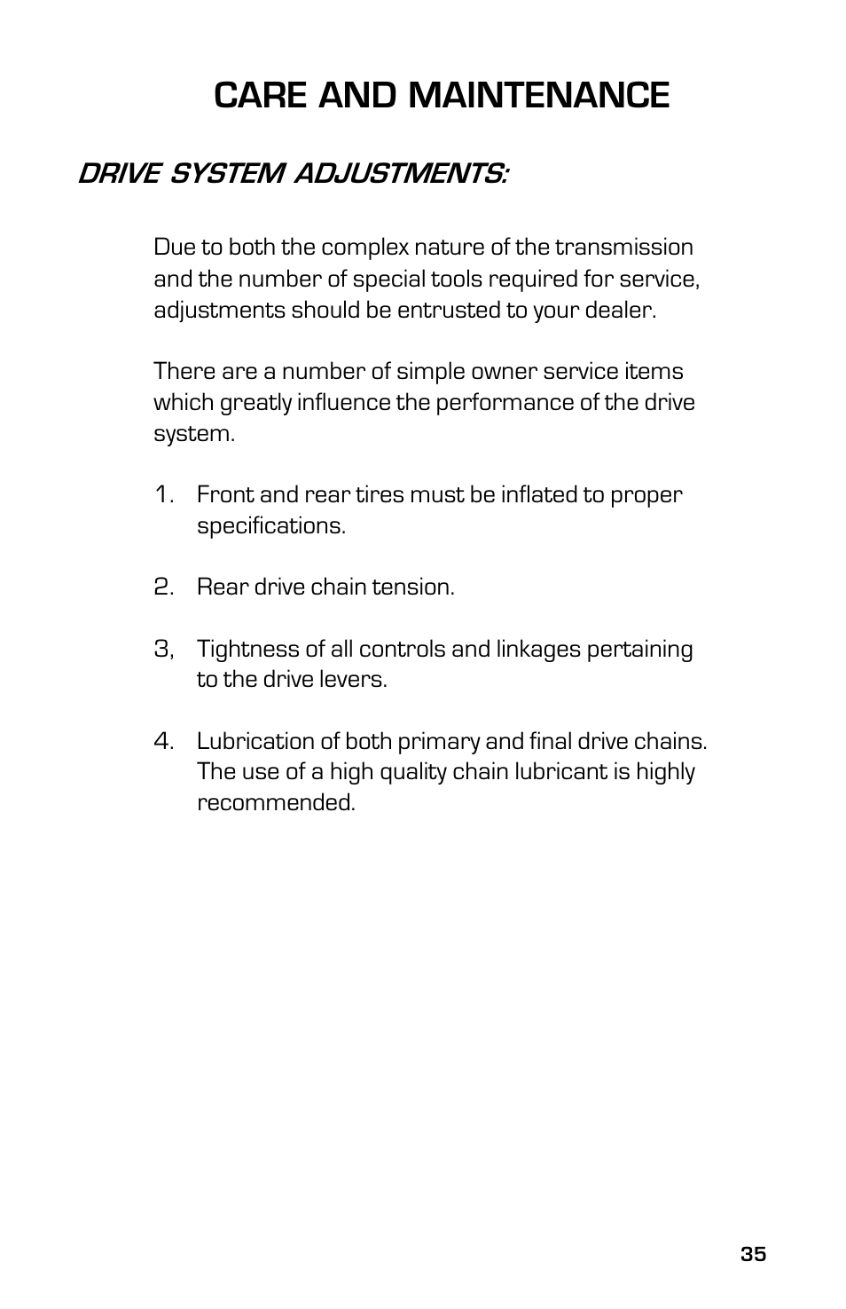 Care and maintenance, Drive system adjustments | Dixon ZTRCLASSIC User Manual | Page 35 / 44