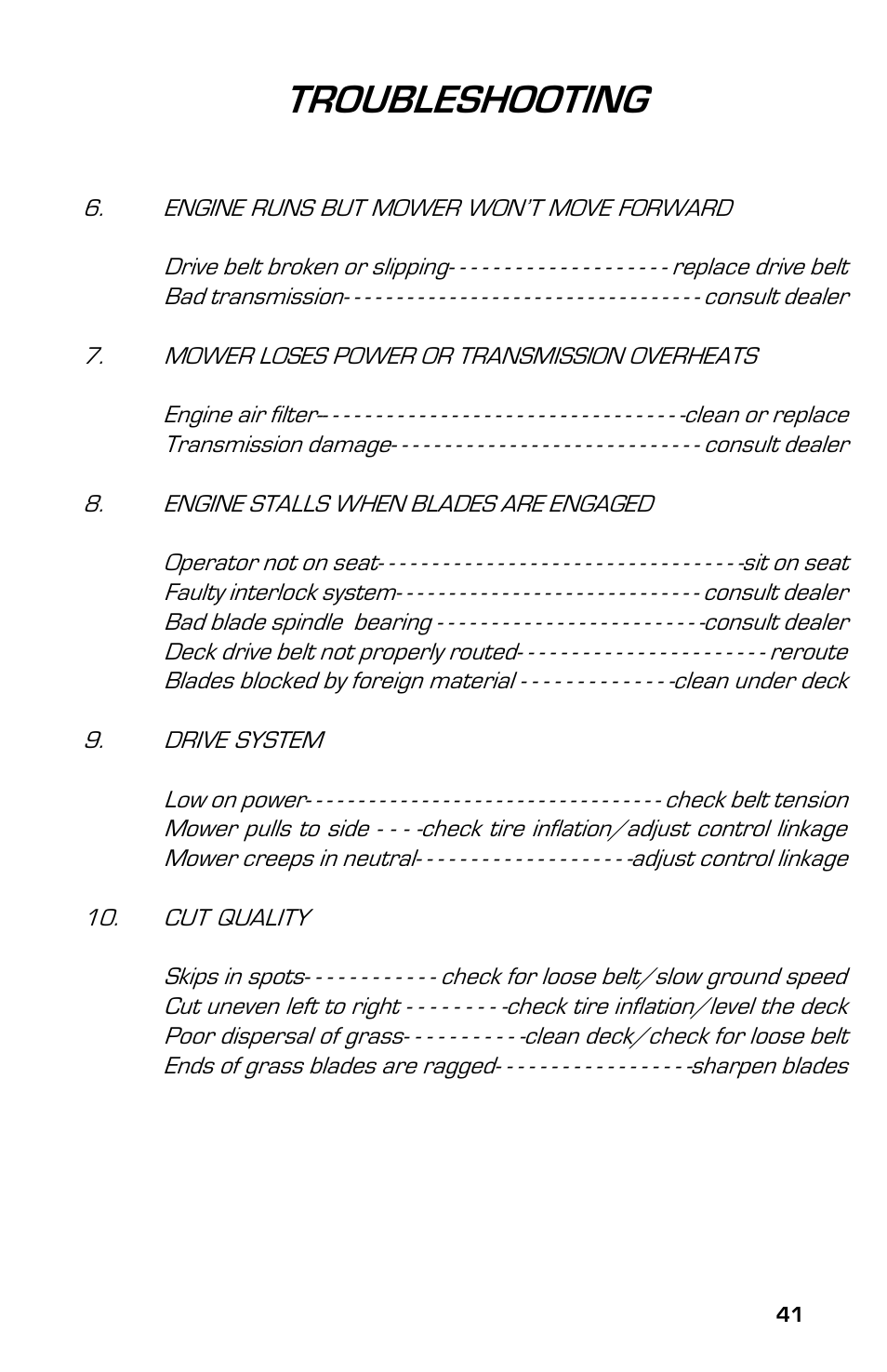 Troubleshooting | Dixon ZTRCLASSIC User Manual | Page 41 / 44