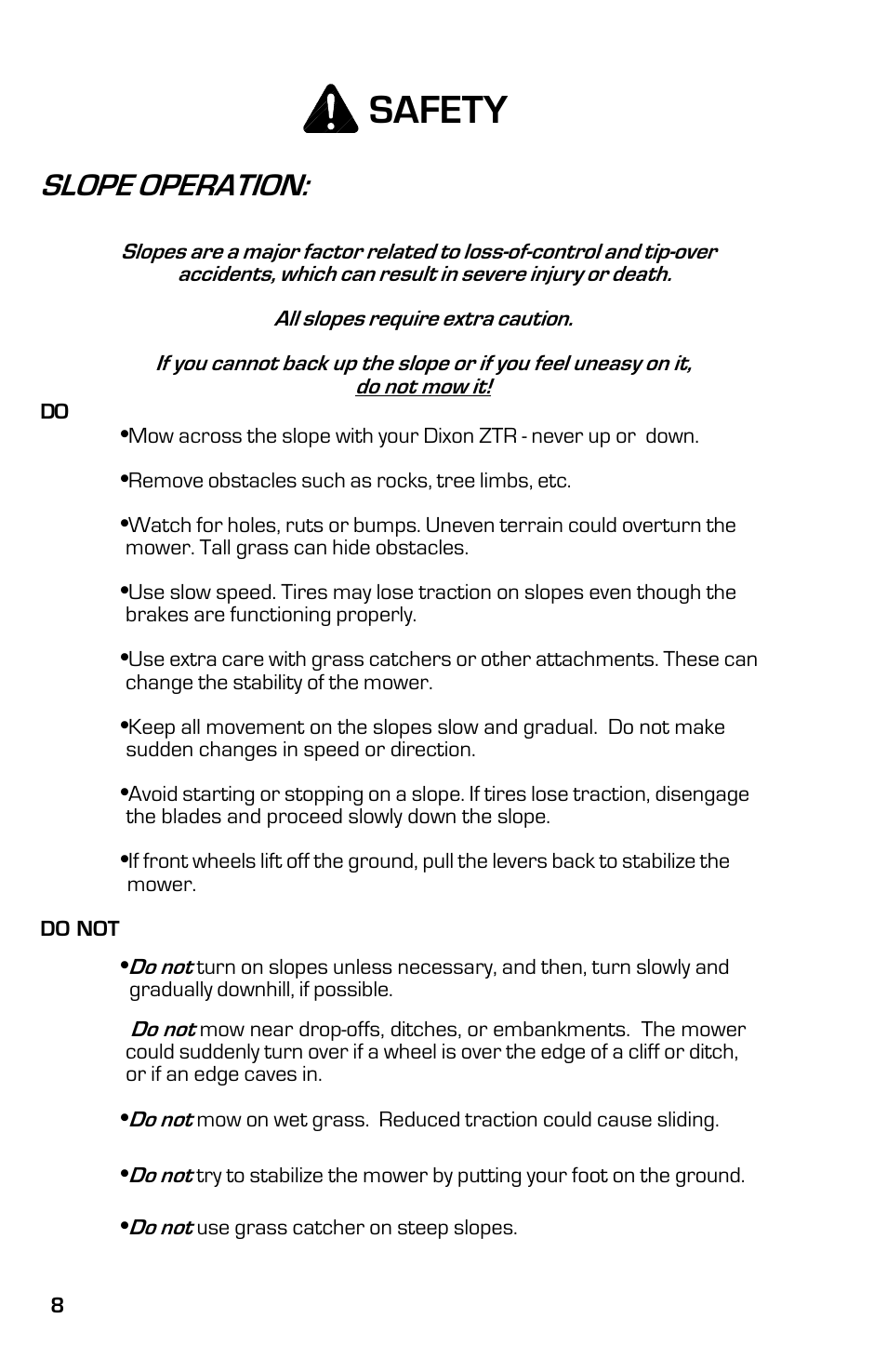 Safety, Slope operation | Dixon ZTRCLASSIC User Manual | Page 8 / 44