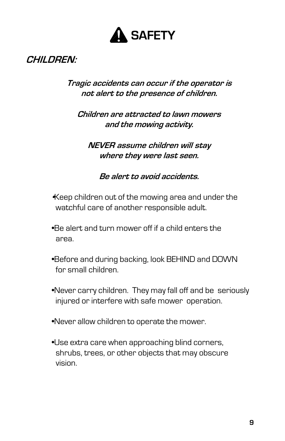 Safety, Children | Dixon ZTRCLASSIC User Manual | Page 9 / 44