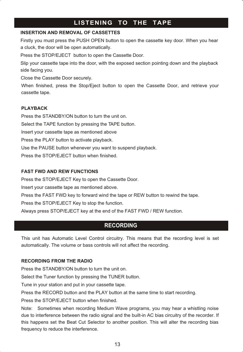 Preparation for use, Recording | Curtis RCD725 User Manual | Page 15 / 17