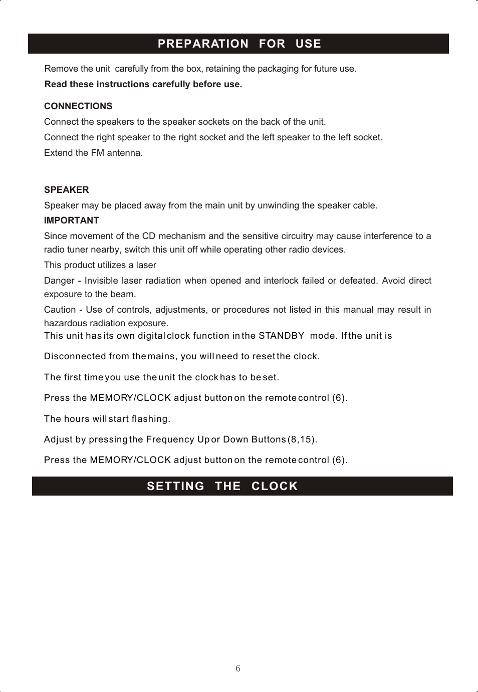 Preparation for use, Setting the clock | Curtis RCD725 User Manual | Page 8 / 17