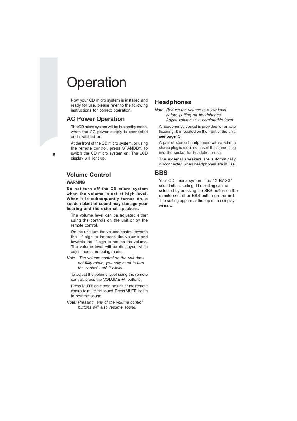 Operation, Ac power operation, Volume control | Headphones | Curtis RCD869 User Manual | Page 10 / 17