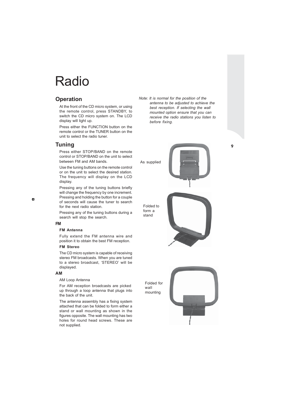 Radio, Operation, Tuning | Curtis RCD869 User Manual | Page 11 / 17