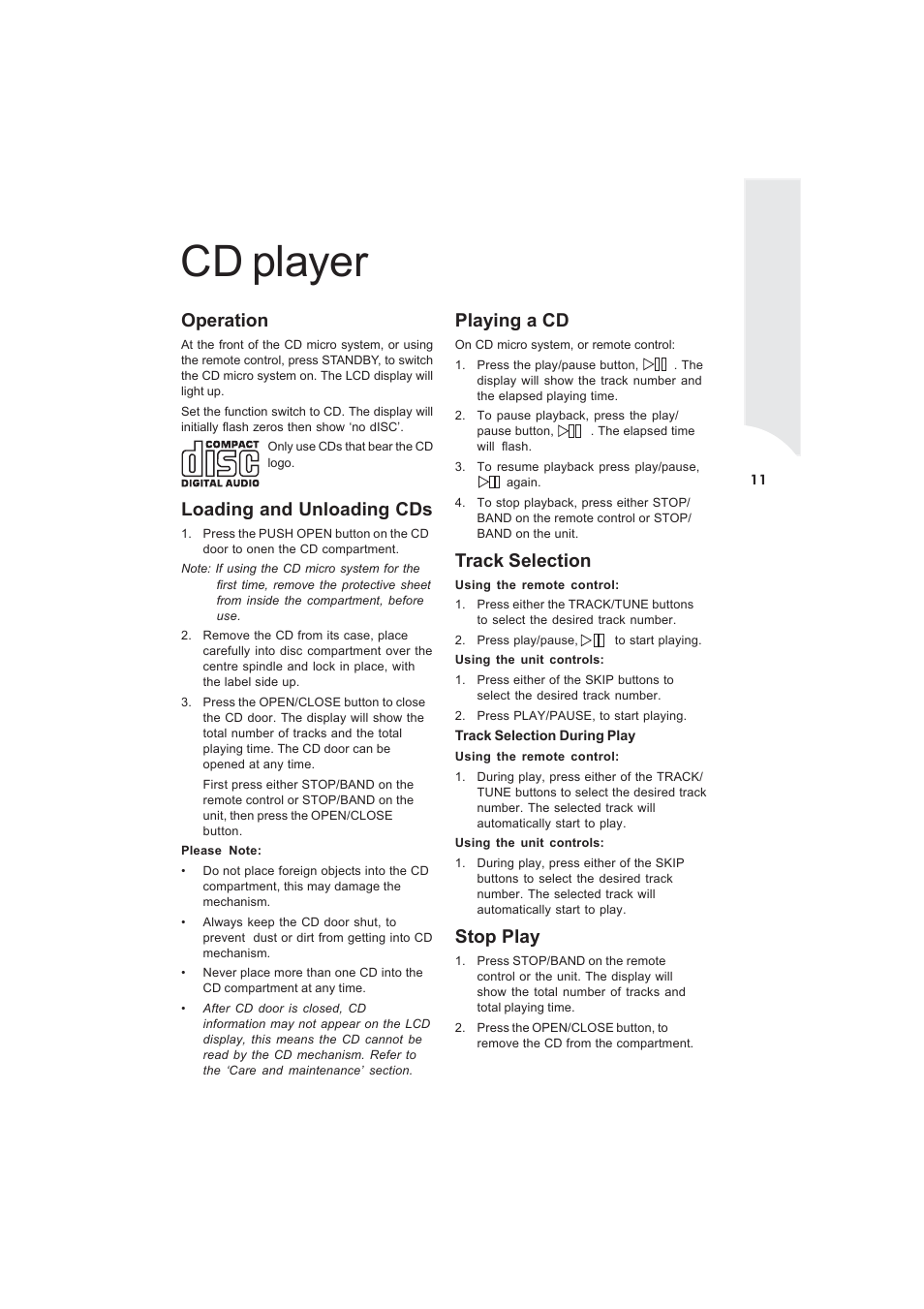 Cd player, Operation, Loading and unloading cds | Playing a cd, Track selection, Stop play | Curtis RCD869 User Manual | Page 13 / 17