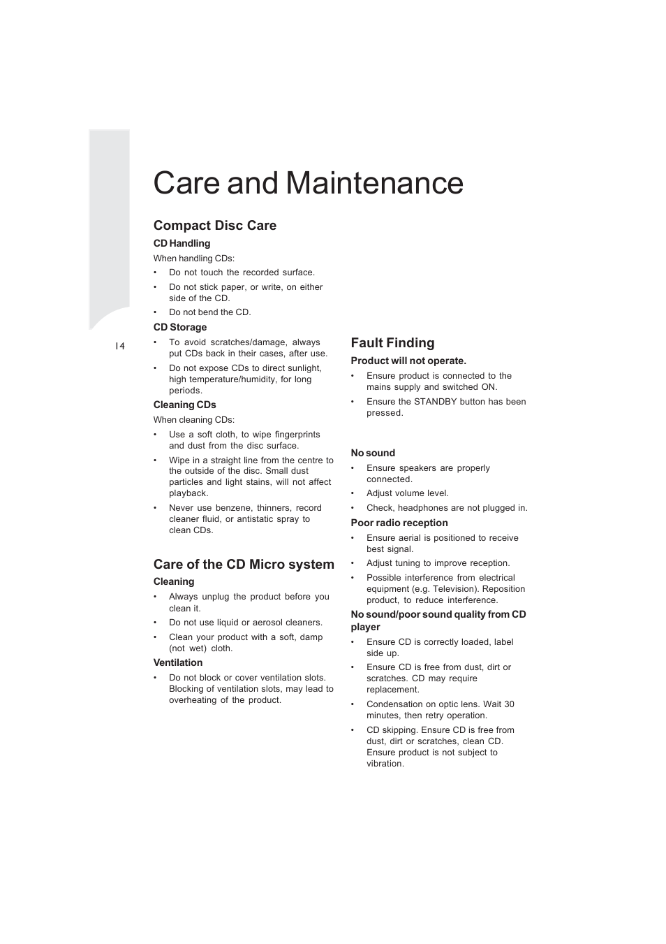 Care and maintenance, Compact disc care, Care of the cd micro system | Fault finding | Curtis RCD869 User Manual | Page 16 / 17