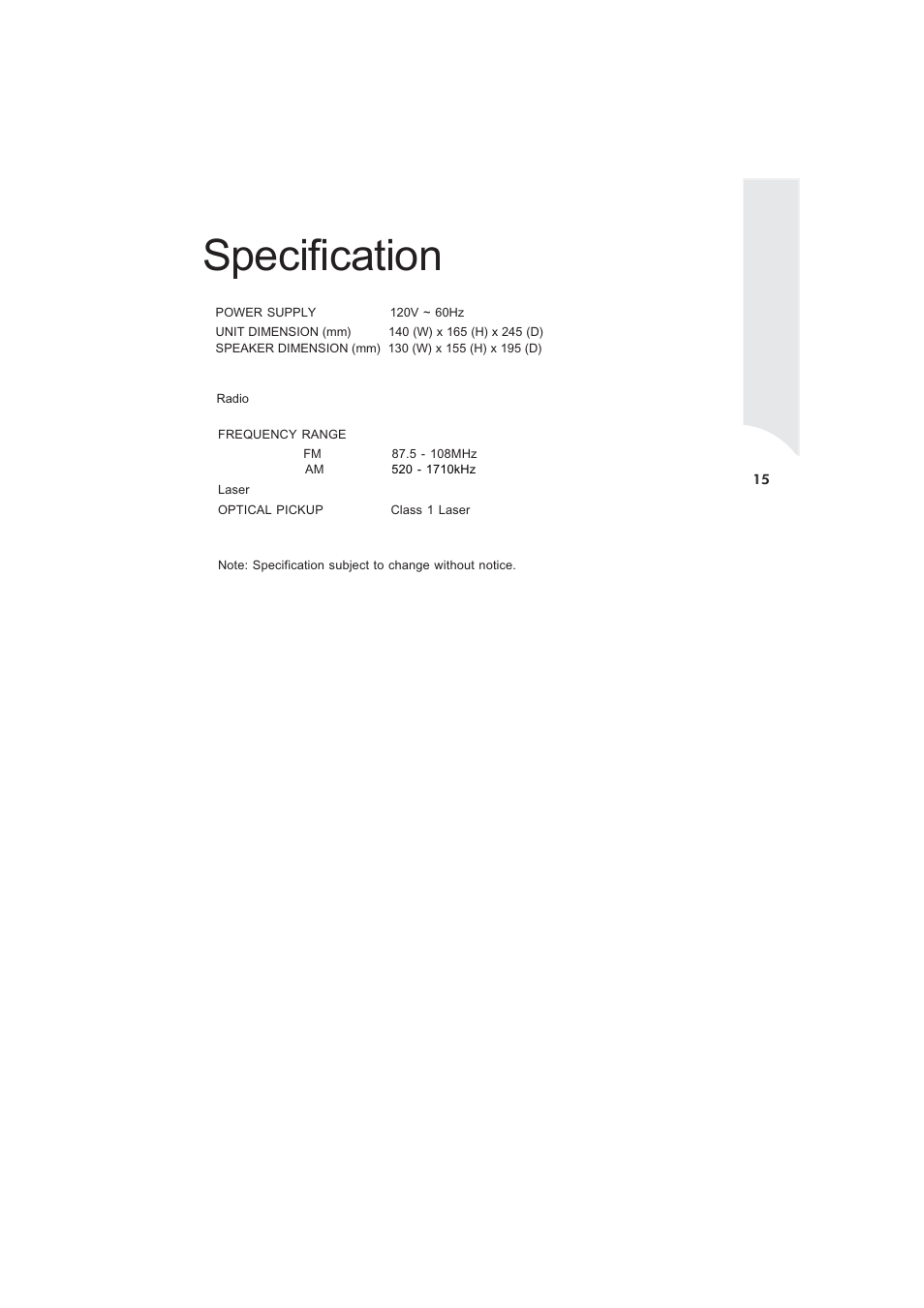 Specification | Curtis RCD869 User Manual | Page 17 / 17
